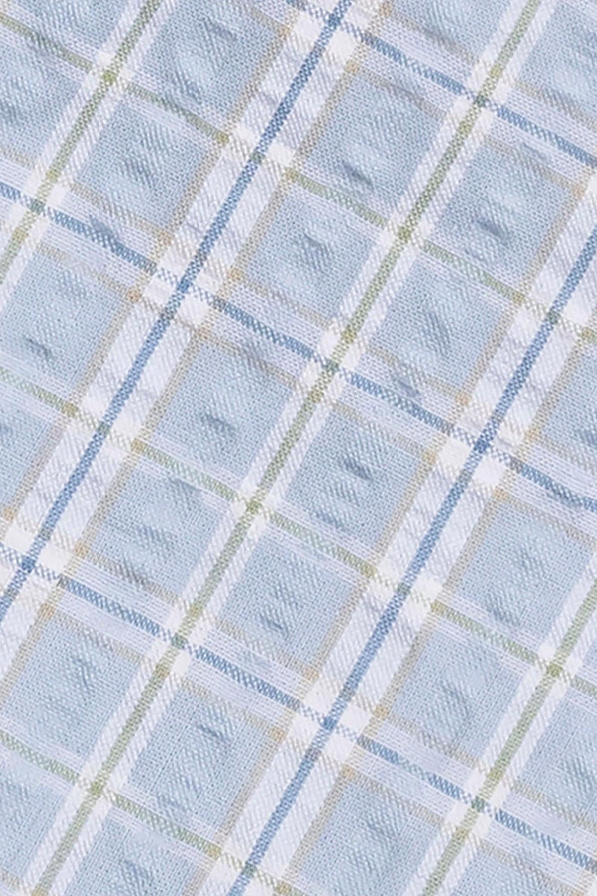 Light blue seersucker fabric featuring a check pattern with white, green, and blue lines, ideal for bow ties or formal.