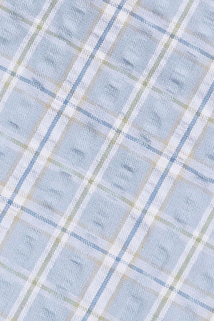 Light blue seersucker fabric featuring a check pattern with white, green, and blue lines, ideal for bow ties or formal.