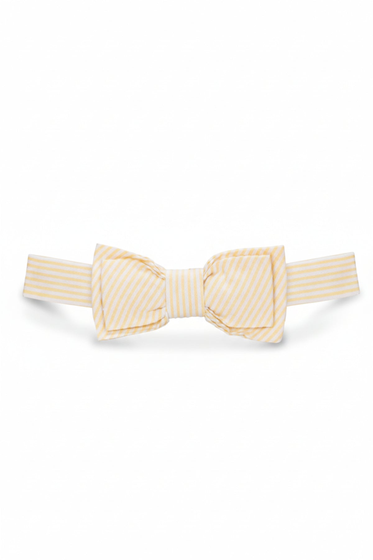 A yellow seersucker bow tie with white stripes, featuring a double bow and adjustable strap for easy wear.