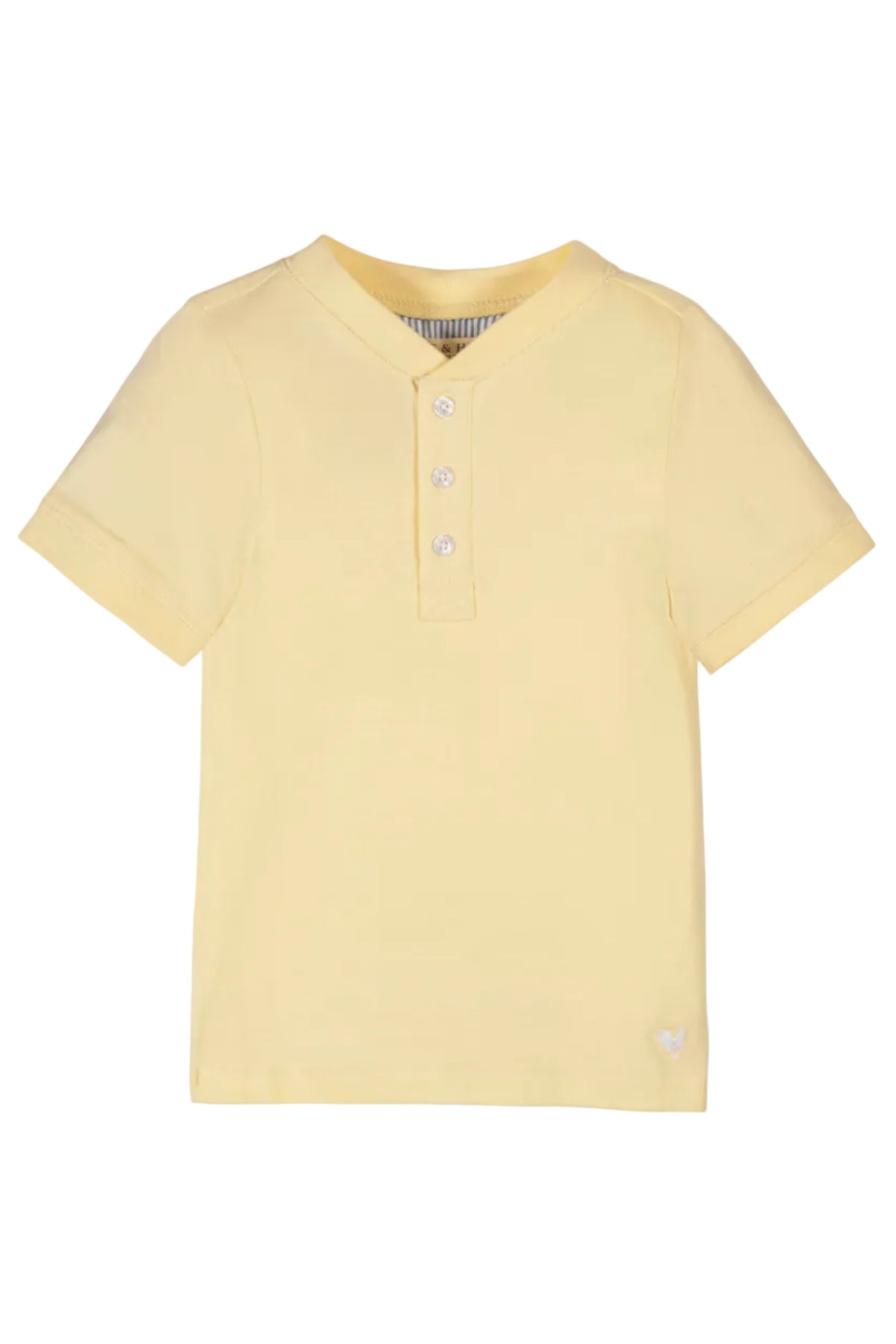 Pale yellow organic cotton short sleeve henley t-shirt featuring a button placket, designed for boys in sizes 2T-18.