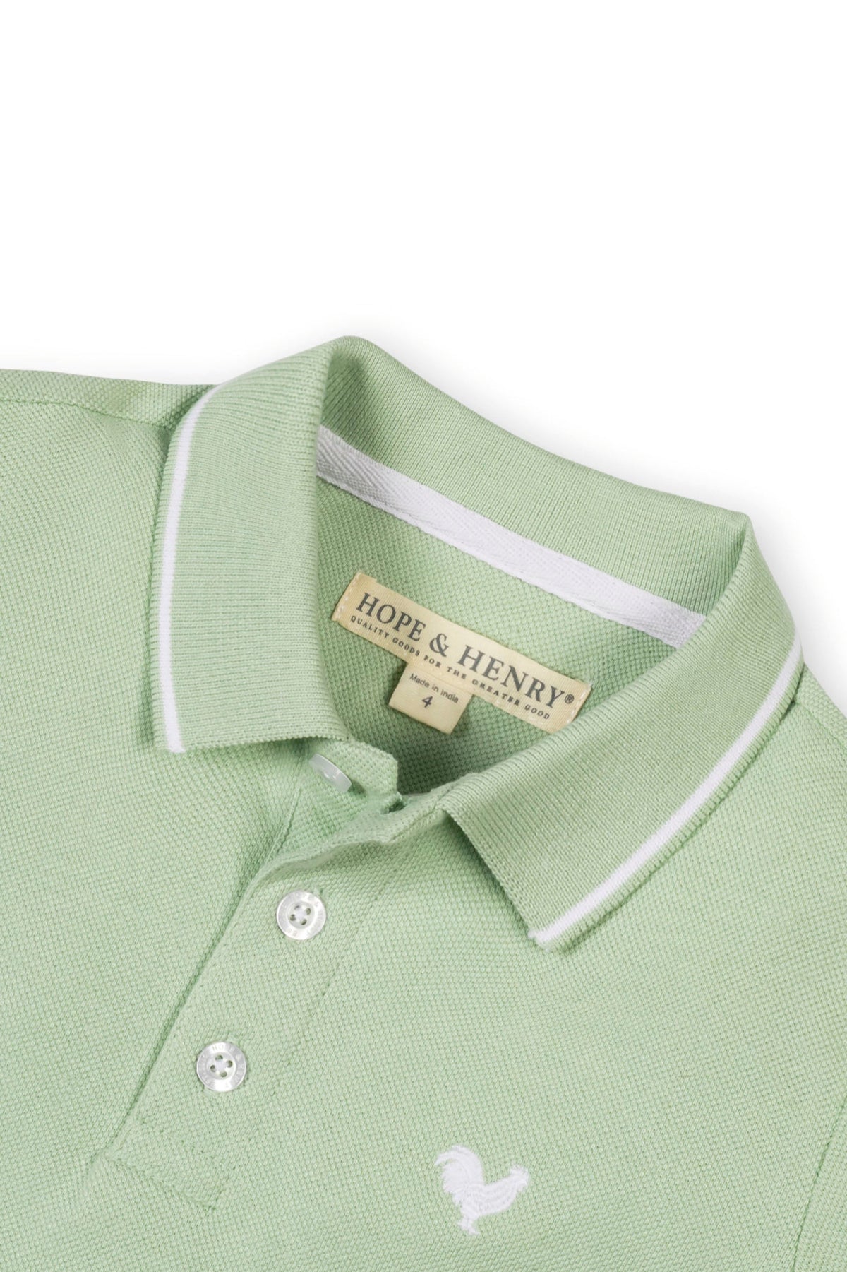 A soft green organic cotton polo shirt by Hope & Henry features a textured knit pique, flat-knit collar, and front button placket, ideal for boys aged 2T-18.