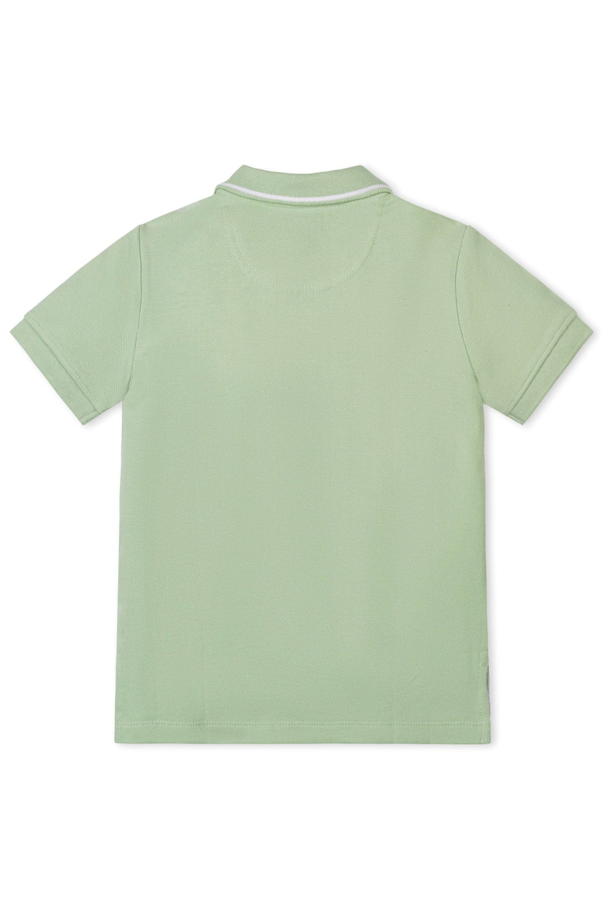 Back view of a soft green polo shirt made from 100% organic cotton, featuring a flat-knit collar and short sleeves, suitable for boys aged 2T to 18.