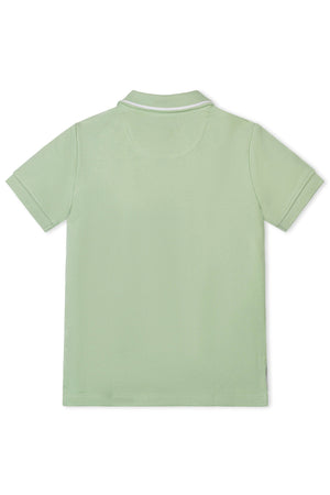Back view of a soft green polo shirt made from 100% organic cotton, featuring a flat-knit collar and short sleeves, suitable for boys aged 2T to 18.