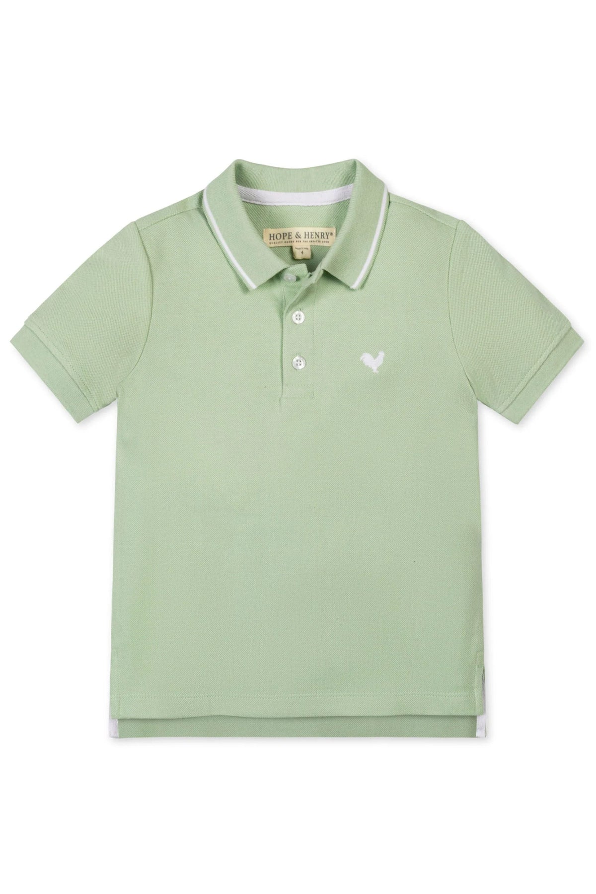 Light green short sleeve polo shirt made from 100% organic cotton, featuring a flat-knit collar and embroidered logo. Ideal for boys aged 2T-18, combining comfort and sustainability.