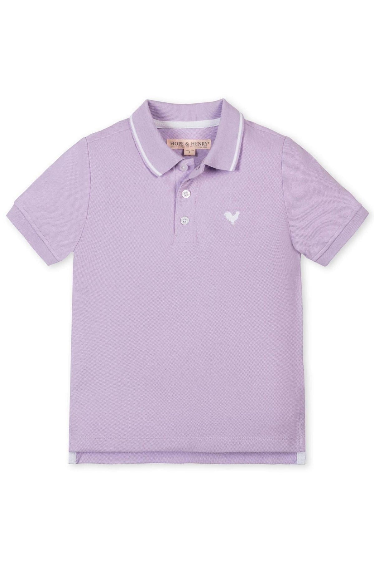 Light lavender polo shirt by Hope & Henry, featuring a flat-knit collar, button placket, and a small embroidered logo.