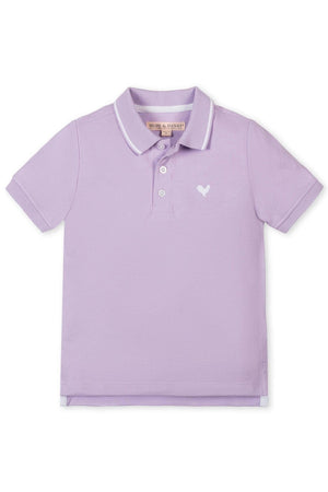 Light lavender polo shirt by Hope & Henry, featuring a flat-knit collar, button placket, and a small embroidered logo.