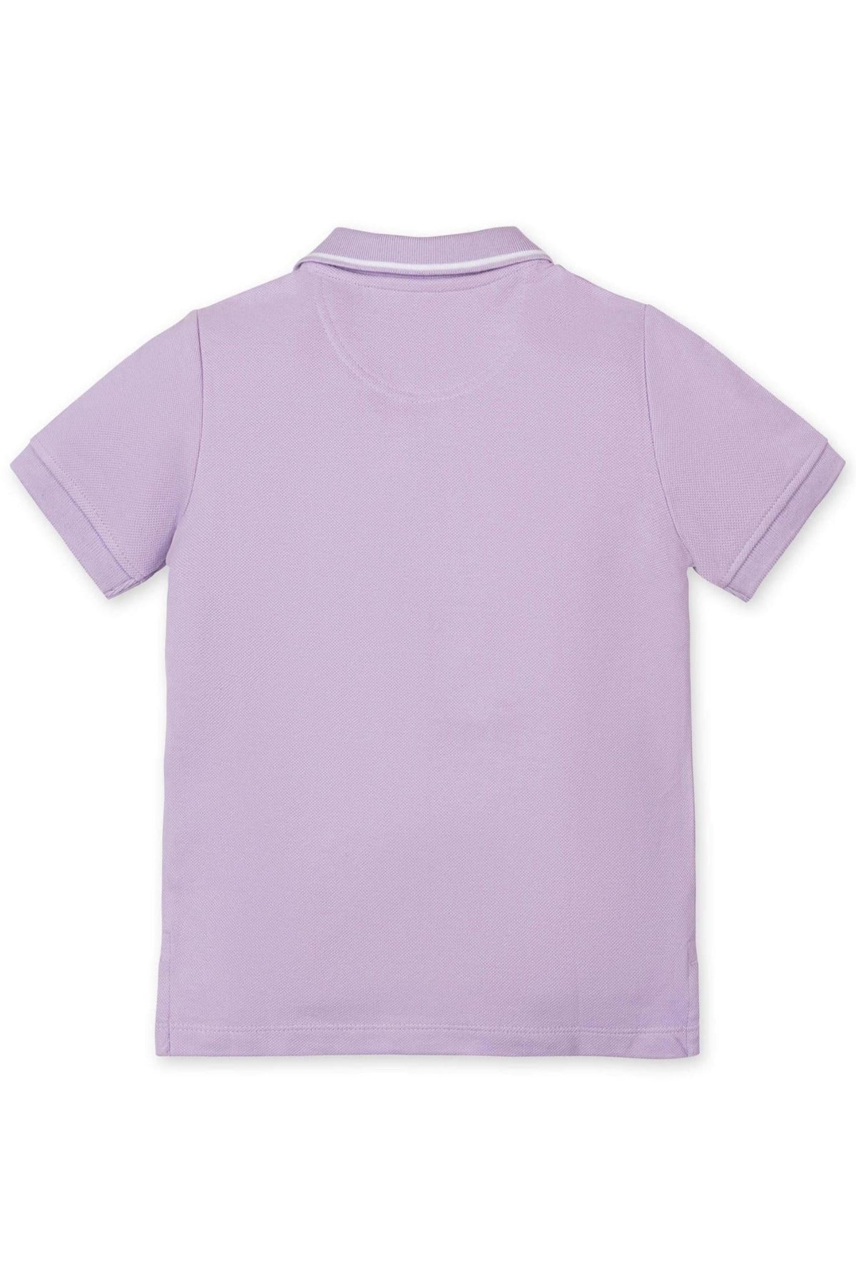 Back view of a lavender short-sleeve polo shirt, featuring a flat-knit collar and textured pique fabric. Ideal for boys.