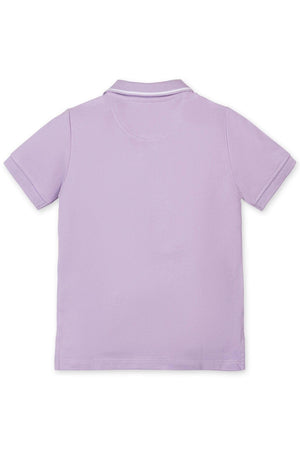 Back view of a lavender short-sleeve polo shirt, featuring a flat-knit collar and textured pique fabric. Ideal for boys.