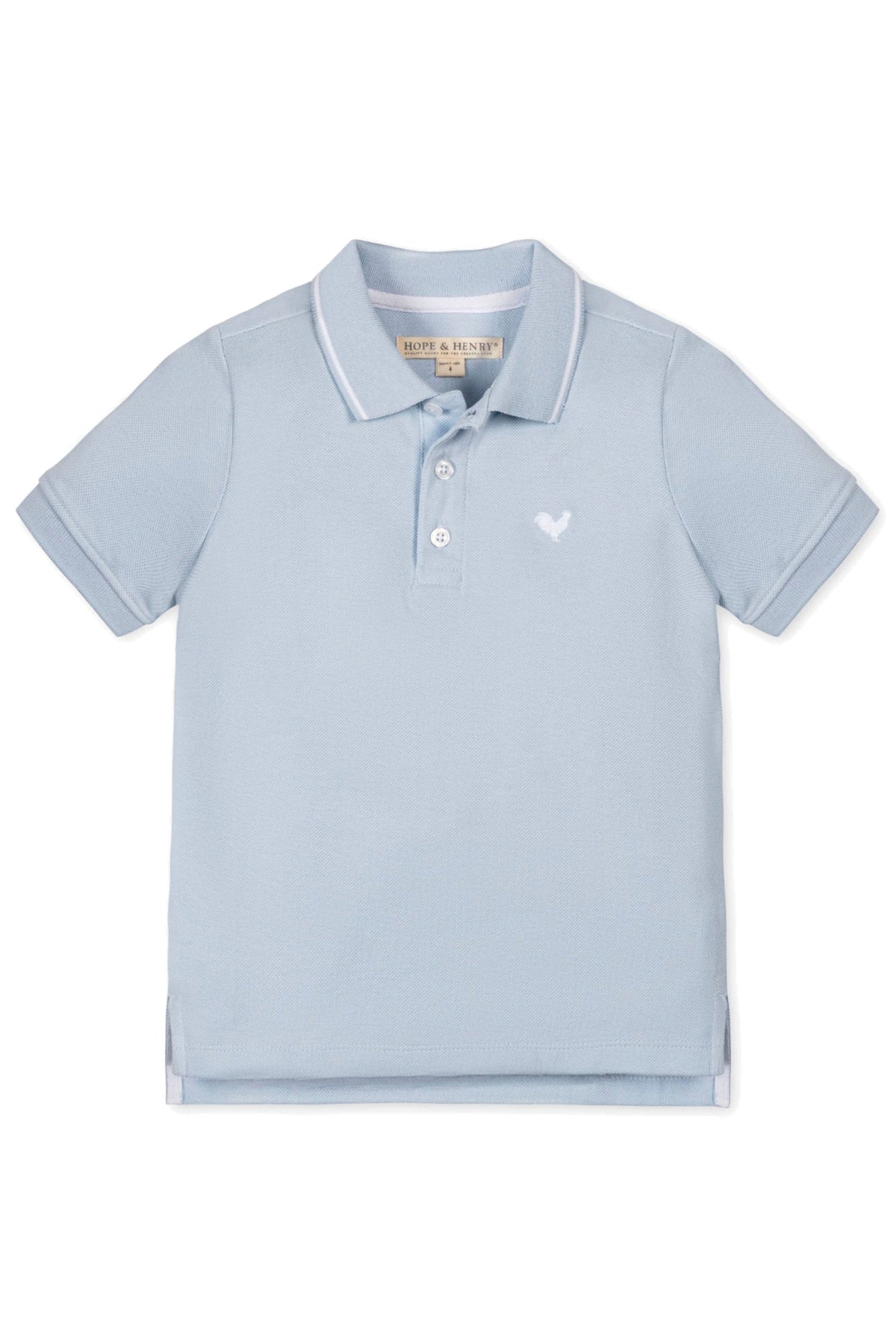 Pale blue organic cotton polo shirt with a flat-knit collar, front button placket, and a small embroidered logo.