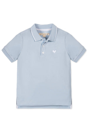Pale blue organic cotton polo shirt with a flat-knit collar, front button placket, and a small embroidered logo.