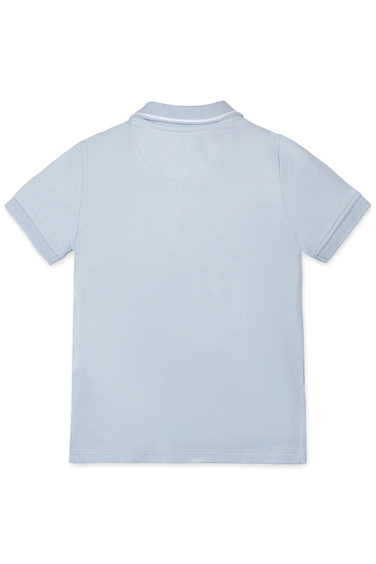 Back view of a pale blue organic cotton polo shirt with short sleeves and a flat-knit collar, featuring a textured.