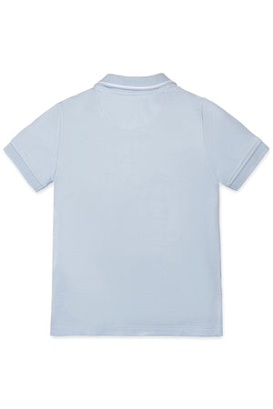 Back view of a pale blue organic cotton polo shirt with short sleeves and a flat-knit collar, featuring a textured.