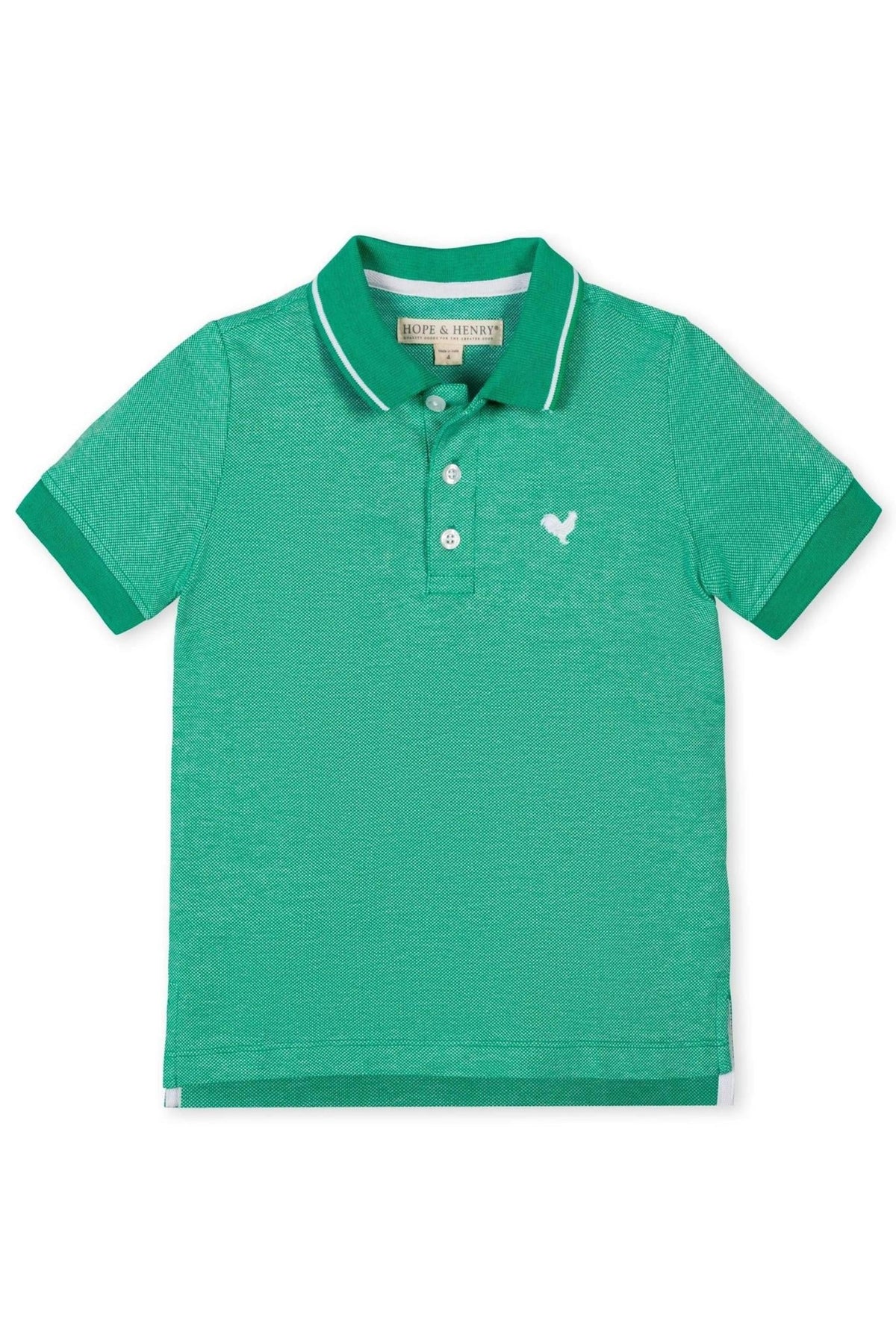 A Kelly green organic cotton polo shirt features a flat-knit collar and a small white logo on the chest.