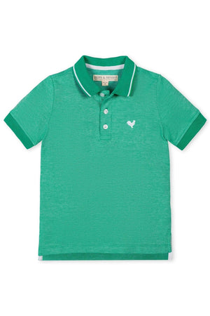 A Kelly green organic cotton polo shirt features a flat-knit collar and a small white logo on the chest.