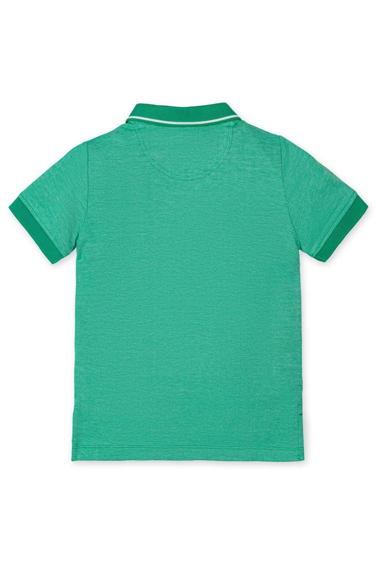 Back view of a Kelly green organic cotton polo shirt featuring a flat-knit collar and short sleeves.