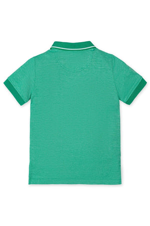 Back view of a Kelly green organic cotton polo shirt featuring a flat-knit collar and short sleeves.