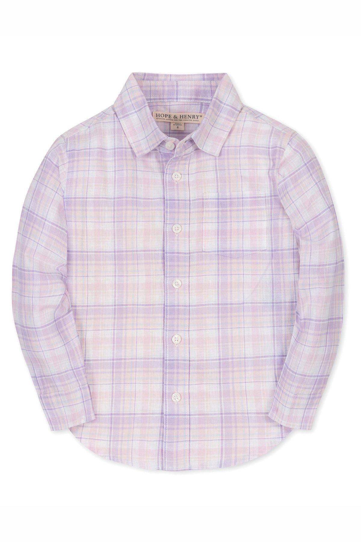Hope & Henry long sleeve button-down shirt in a soft lavender plaid pattern, featuring a chest pocket and classic collar.