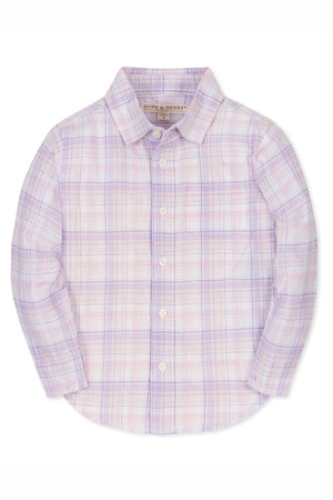 Hope & Henry long sleeve button-down shirt in a soft lavender plaid pattern, featuring a chest pocket and classic collar.