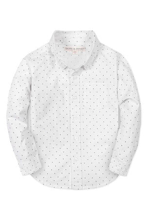 White long-sleeve button-down shirt by Hope & Henry, featuring black polka dots and a chest pocket, made from organic cotton.