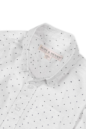 White seersucker shirt with black polka dots, featuring a button-down collar and a chest pocket, by Hope & Henry.