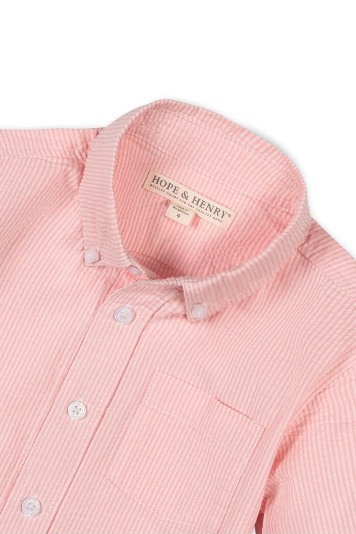 Close-up of a pink striped button-down shirt by Hope & Henry, featuring a collar and a chest pocket.