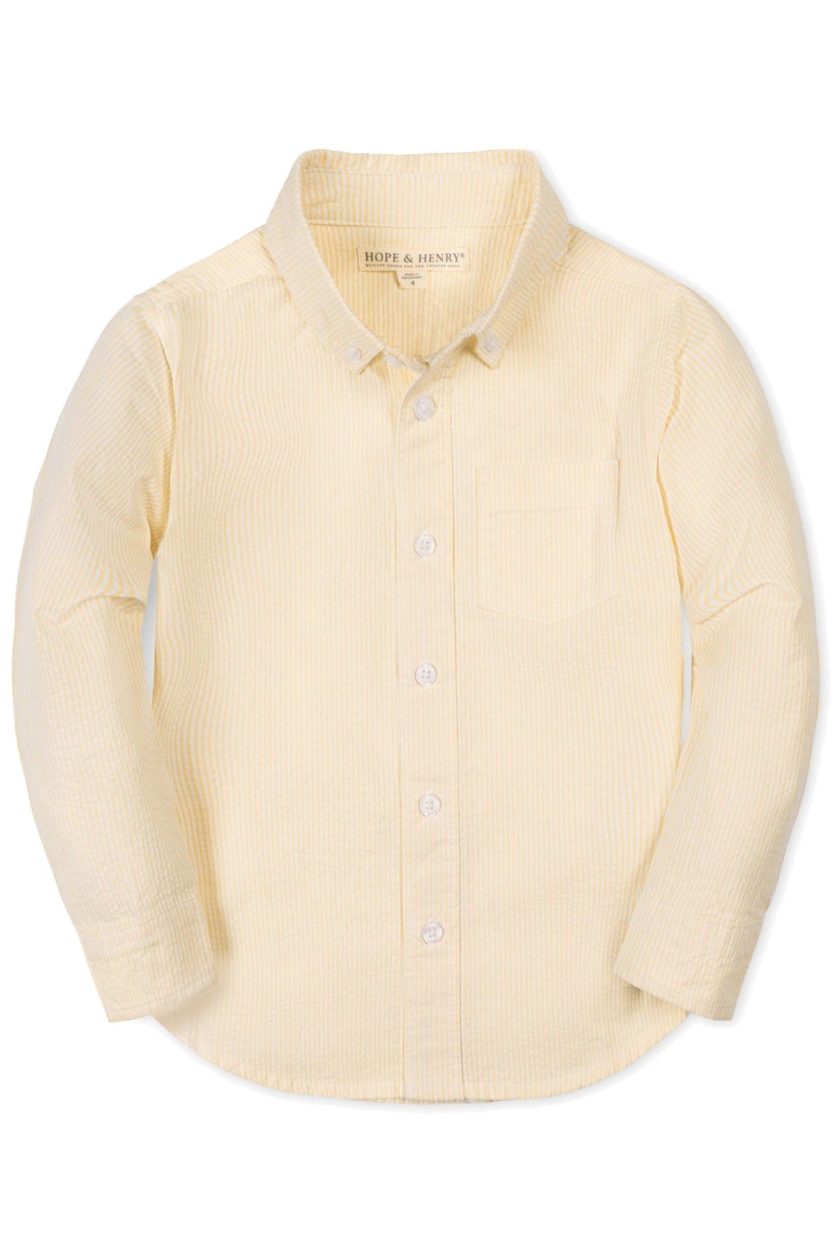 A yellow organic cotton seersucker shirt for boys, featuring long sleeves, a button-down front, and a chest pocket.