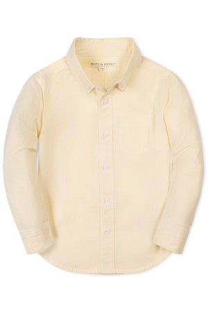 A yellow organic cotton seersucker shirt for boys, featuring long sleeves, a button-down front, and a chest pocket.