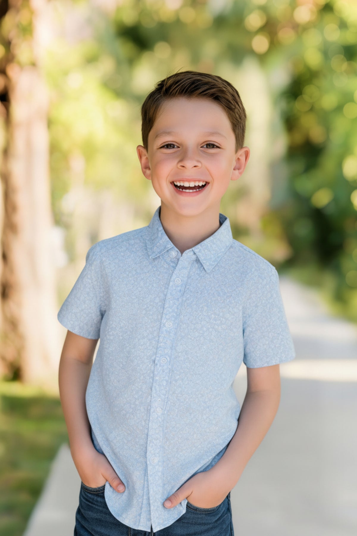 A smiling boy stands outdoors, wearing a light blue short sleeve button-down shirt with a subtle pattern. He has his hands in his pockets, surrounded by greenery.