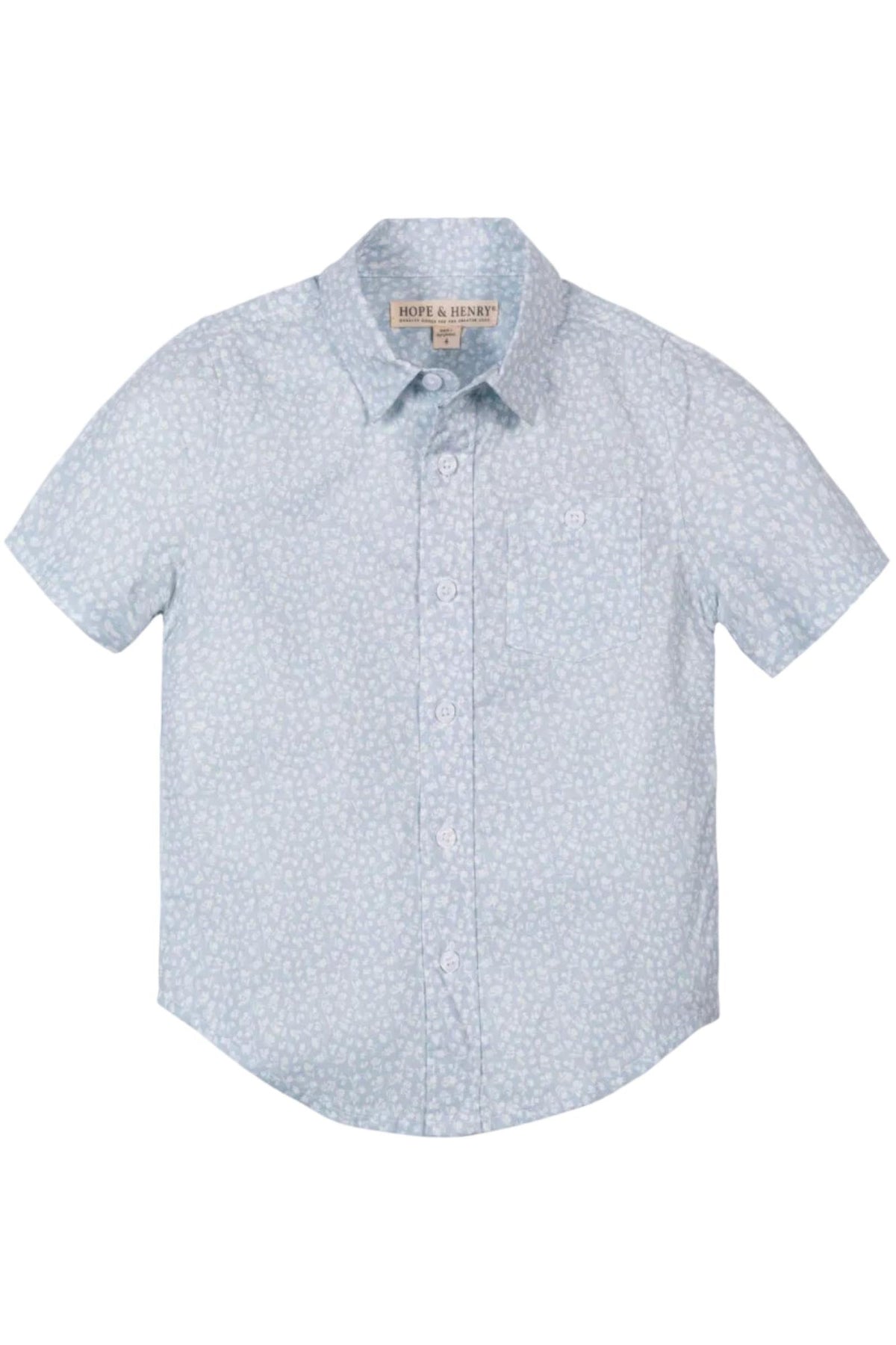 Light blue short sleeve shirt by Hope & Henry featuring a subtle floral pattern and a chest pocket. Made from breathable fabric, its perfect for boys aged 2T to 18.