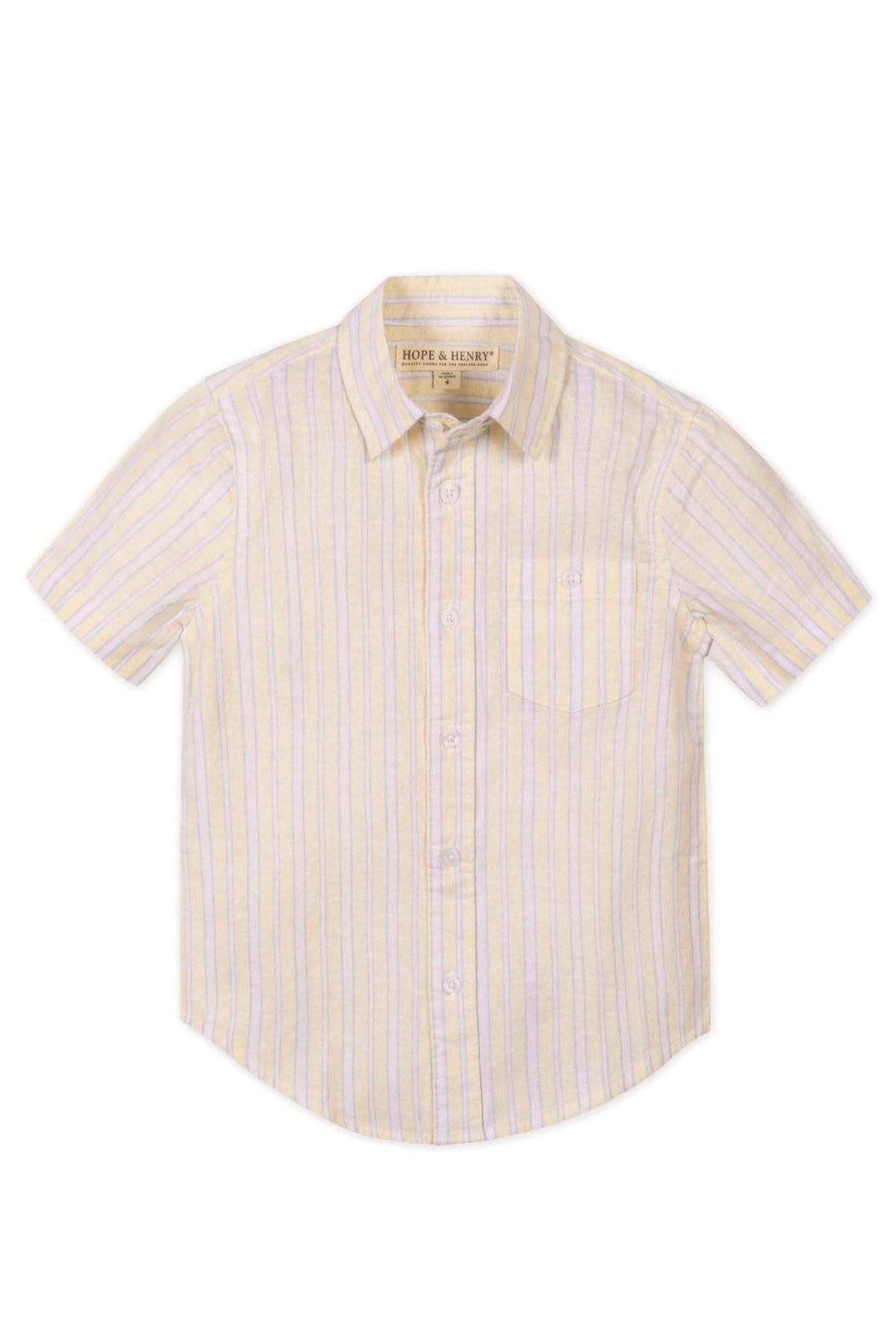 A short-sleeve button-down shirt for boys from Hope & Henry, featuring a sunlit striped pattern in yellow and lavender. It includes a functional chest pocket and classic collar styling.