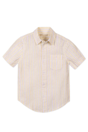 A short-sleeve button-down shirt for boys from Hope & Henry, featuring a sunlit striped pattern in yellow and lavender. It includes a functional chest pocket and classic collar styling.