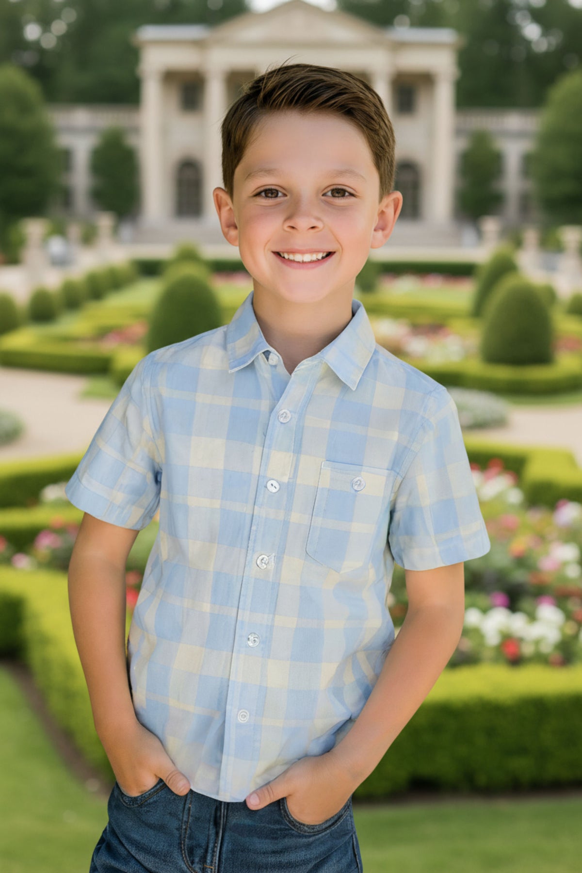 A boy in a light blue plaid short sleeve shirt smiles in a garden with a historic building behind.