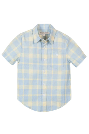 Hope & Henry short sleeve shirt features a blue and yellow plaid pattern with a chest pocket and buttons.