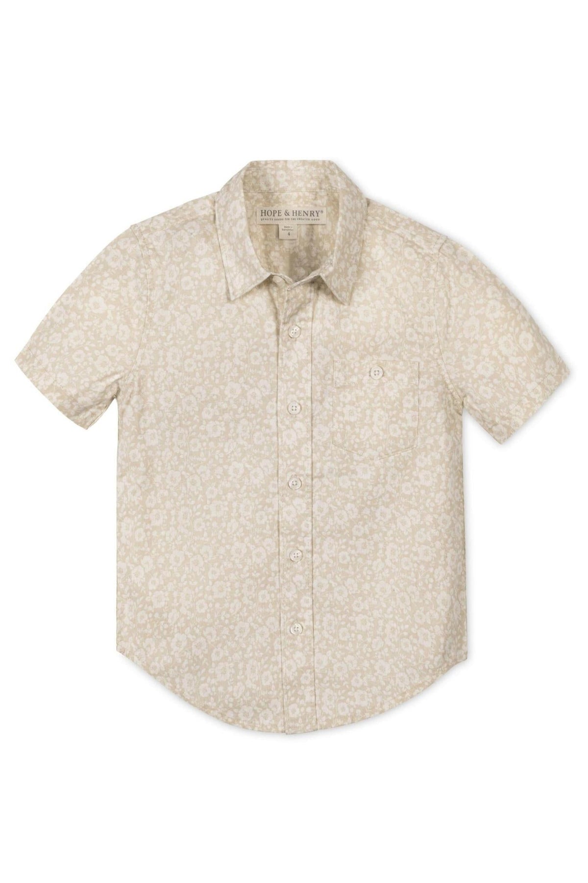 Short-sleeve linen shirt by Hope & Henry, featuring a sandy floral pattern and a button front.