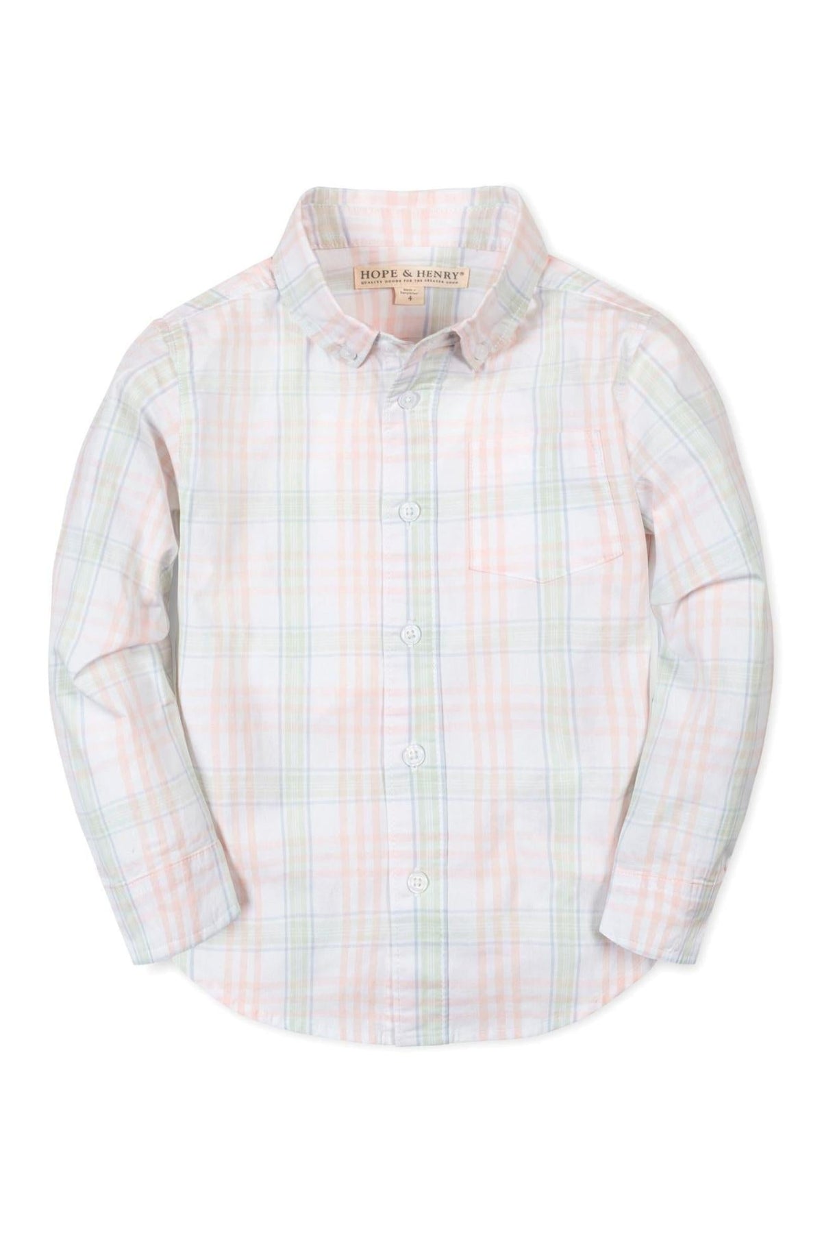 Hope & Henry long sleeve shirt in a soft organic cotton blend, featuring a light plaid pattern in pastel colors.