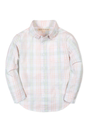 Hope & Henry long sleeve shirt in a soft organic cotton blend, featuring a light plaid pattern in pastel colors.