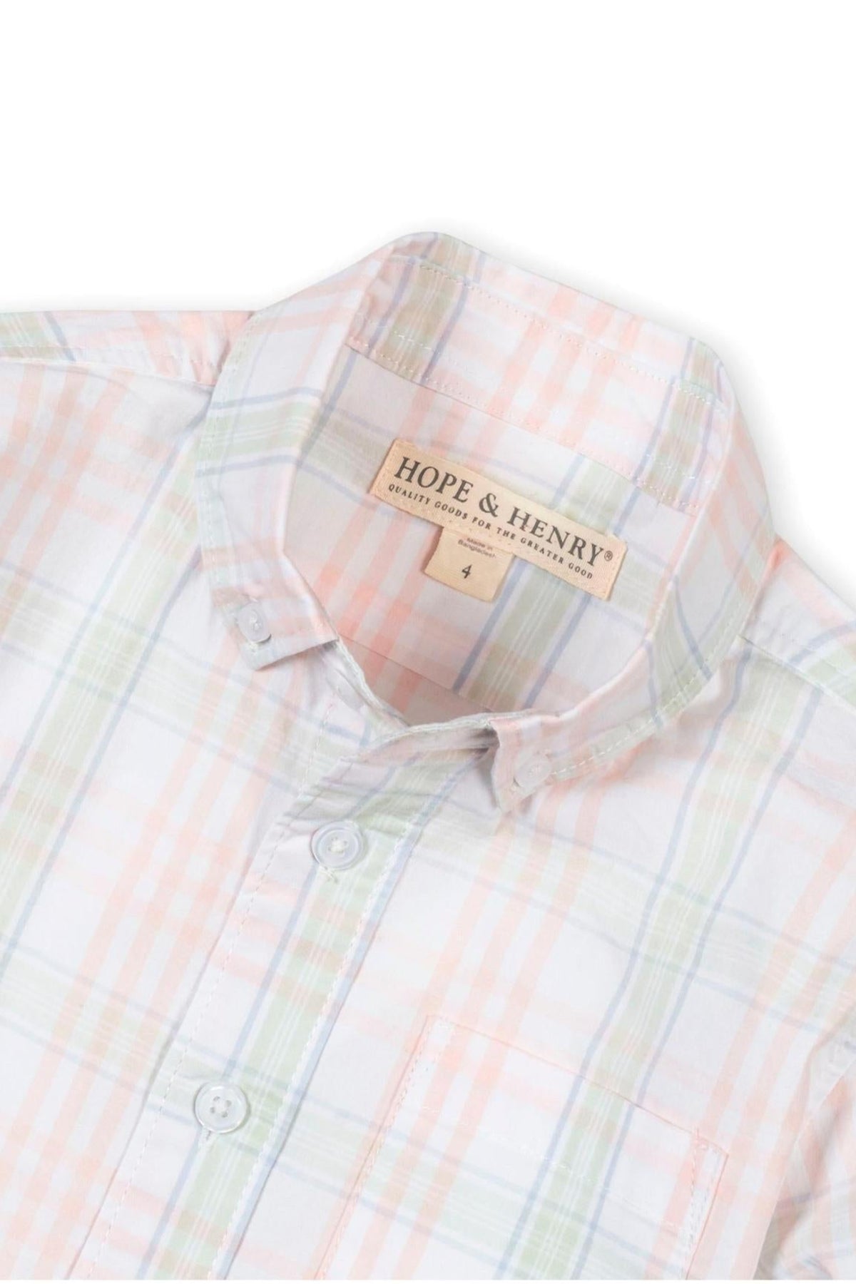 Hope & Henry organic cotton shirt featuring a soft, plaid design in pastel colors, with a button-down collar and chest.