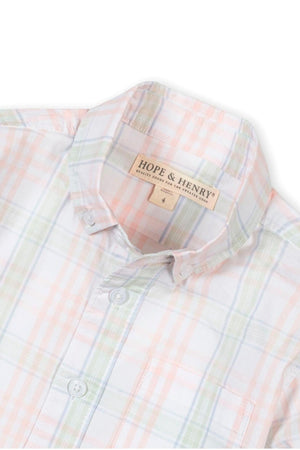 Hope & Henry organic cotton shirt featuring a soft, plaid design in pastel colors, with a button-down collar and chest.