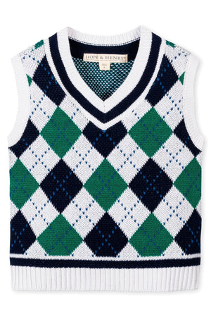 White and green argyle sweater vest by Hope & Henry, featuring a v-neckline and ribbed trim. Made from soft organic cotton, it’s perfect for boys aged 2T-18.