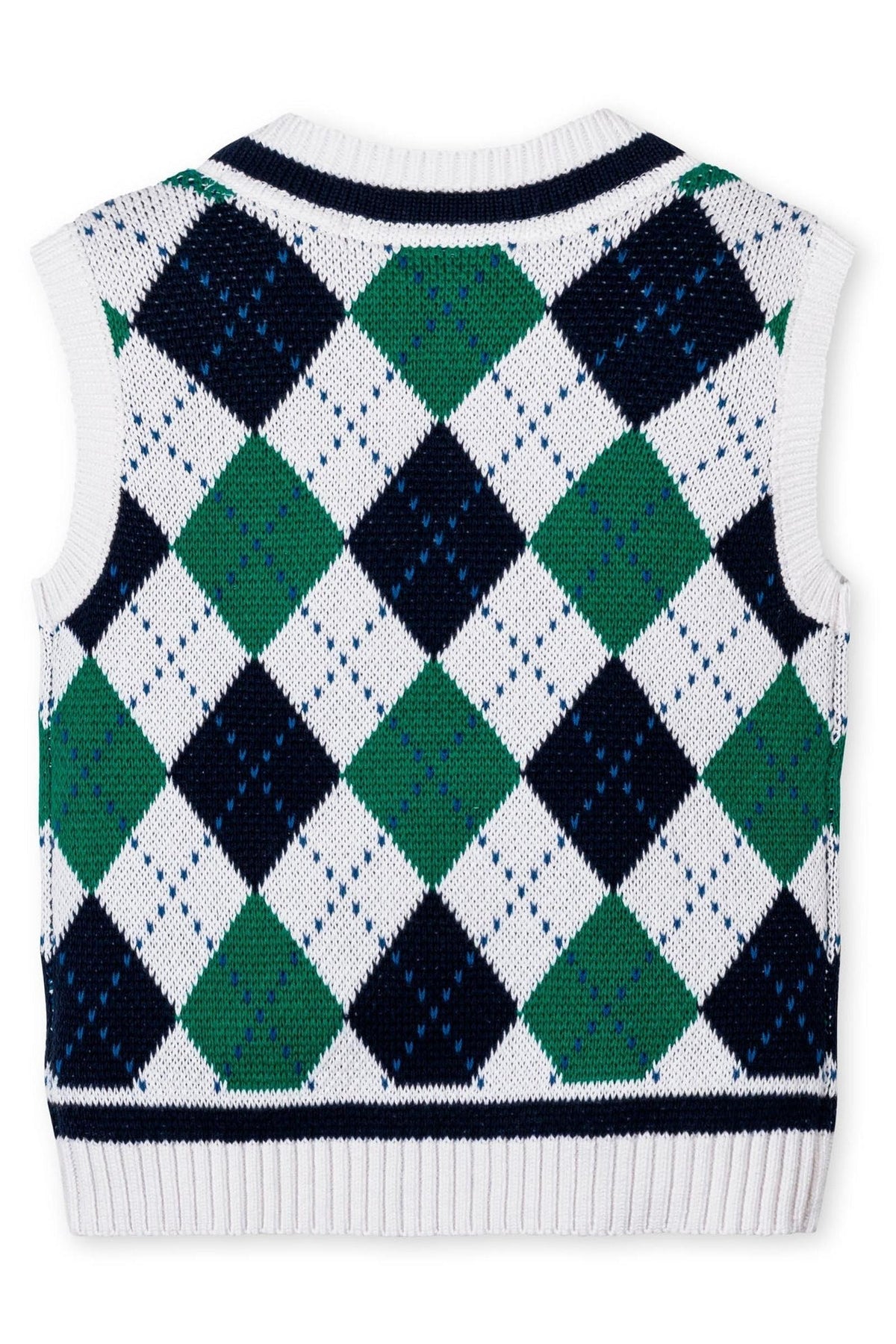 Back view of a boys vest featuring a white base with a classic argyle pattern in green and navy blue.