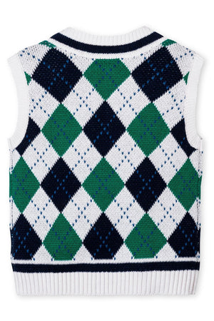 Back view of a boys vest featuring a white base with a classic argyle pattern in green and navy blue.