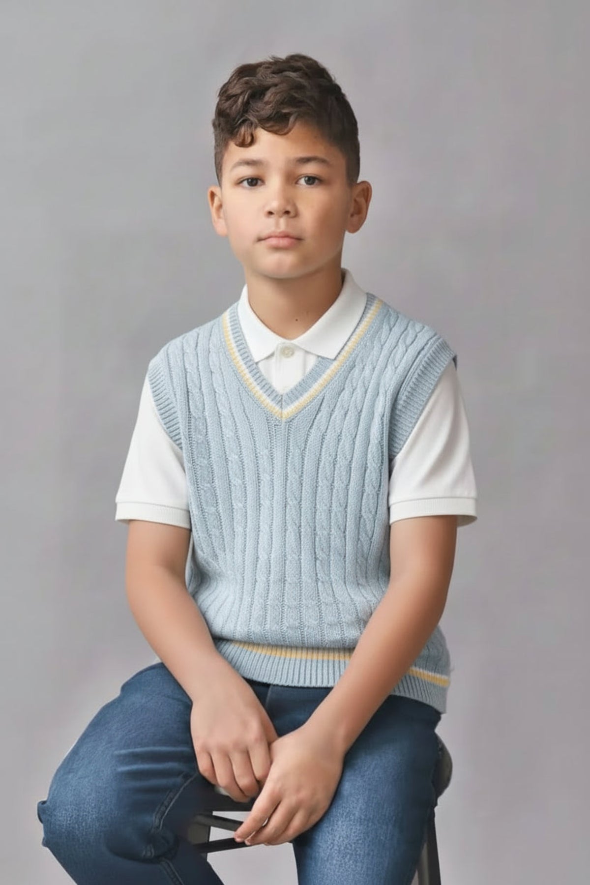 A boy wears a light blue cable-knit sweater vest with a yellow stripe, paired with a white polo shirt and.