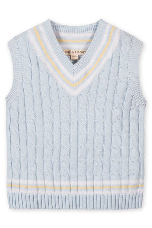 Light blue organic cotton cricket sweater vest featuring a v-neck, cable knit design, and contrast yellow stripe trim.
