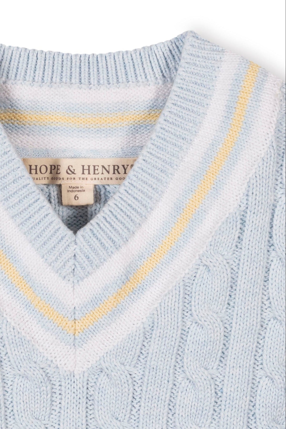 Light blue organic cotton cricket sweater vest featuring a v-neck and contrasting yellow stripe trim. Ideal for boys, sizes 2T-18.
