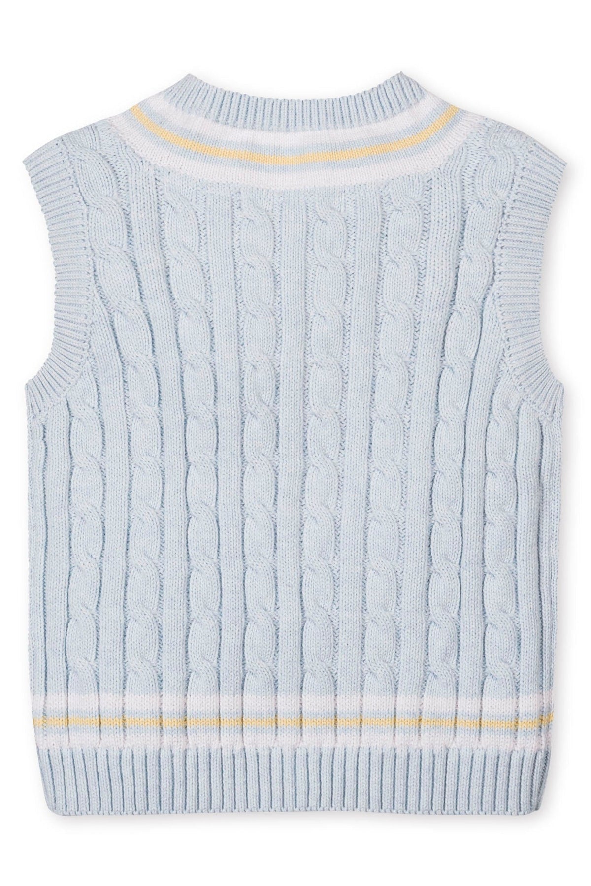 Light blue organic cotton cricket sweater vest featuring a cable knit design and contrasting yellow stripe detail at the neckline.