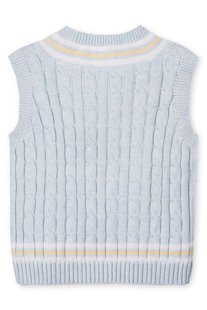Light blue organic cotton cricket sweater vest featuring a cable knit design and contrasting yellow stripe detail at the neckline.