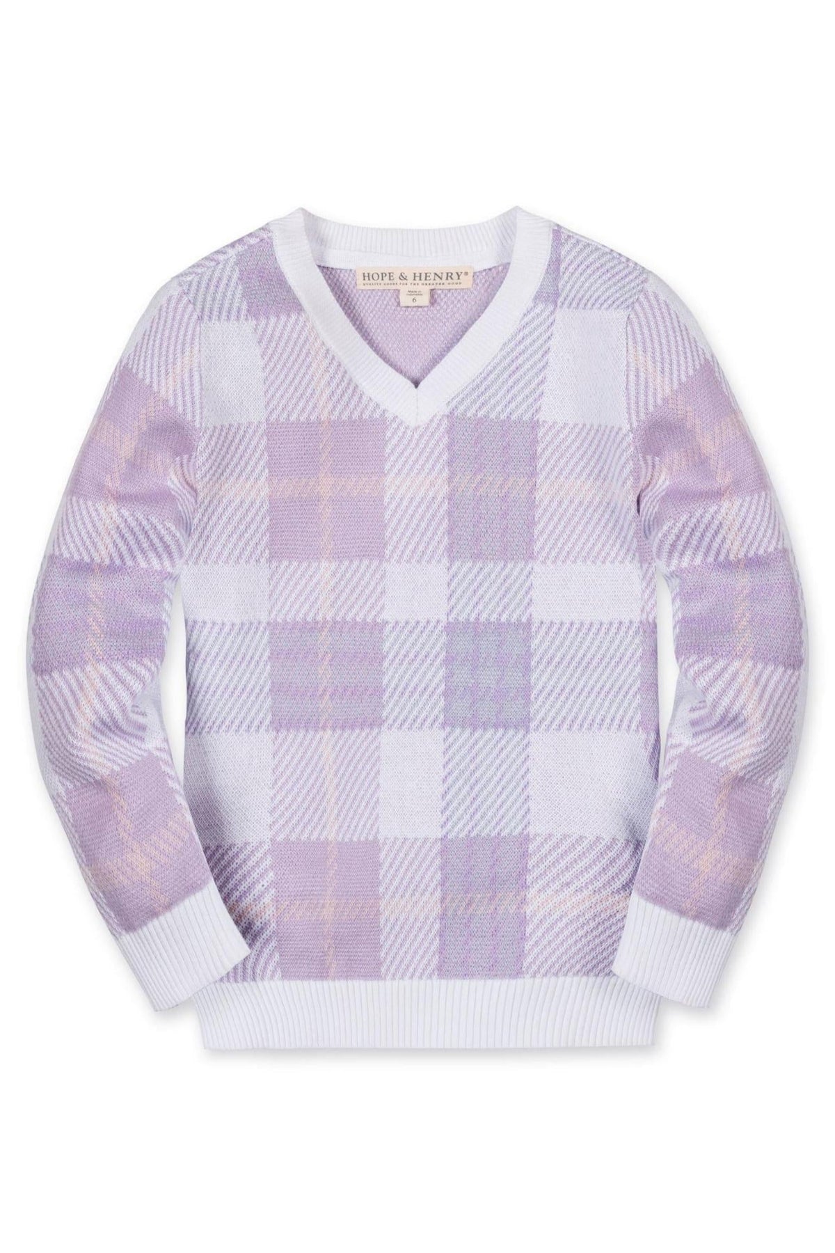 Light purple v-neck sweater with a plaid pattern, featuring ribbed trim, made from organic cotton, suitable for boys ages 2T-18.