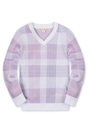 Light purple v-neck sweater with a plaid pattern, featuring ribbed trim, made from organic cotton, suitable for boys ages 2T-18.