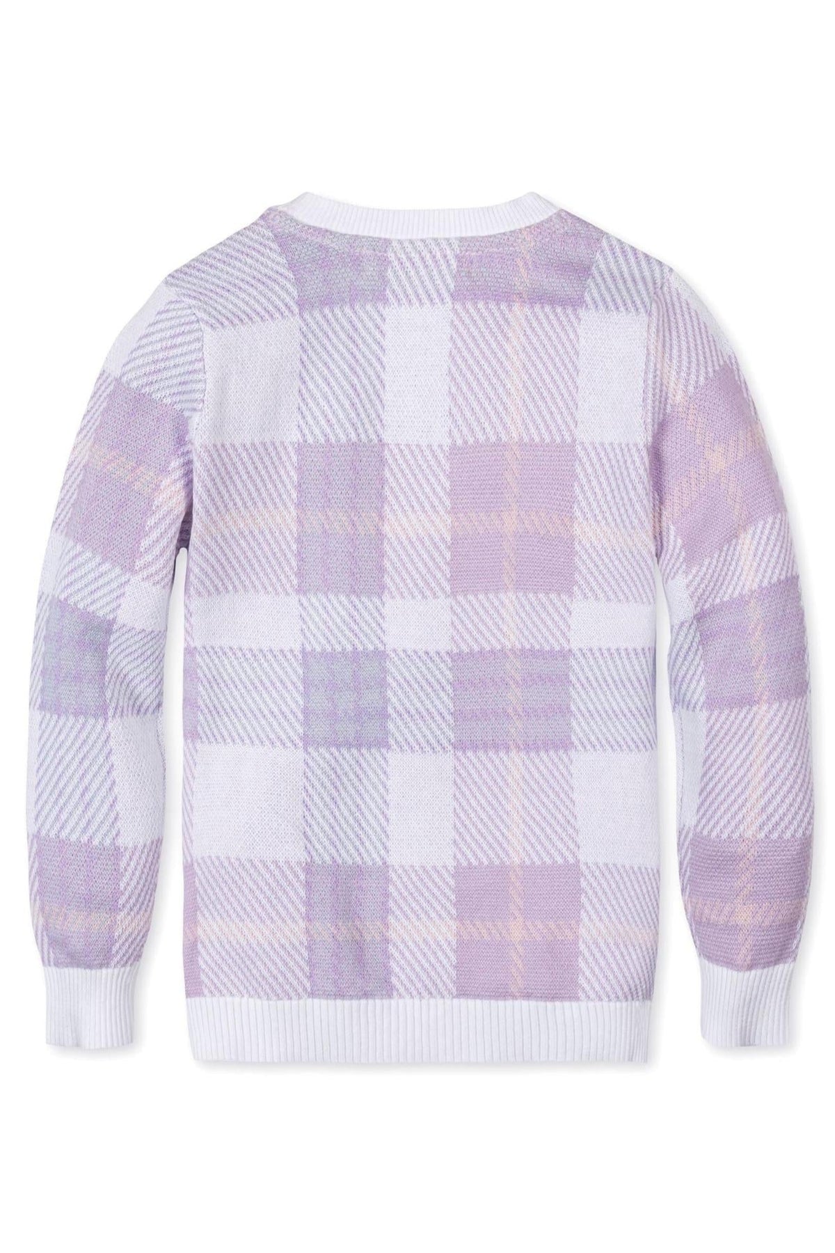 Back view of a lavender plaid organic cotton sweater with ribbed trim, designed for boys in sizes 2T-18.