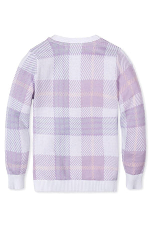 Back view of a lavender plaid organic cotton sweater with ribbed trim, designed for boys in sizes 2T-18.